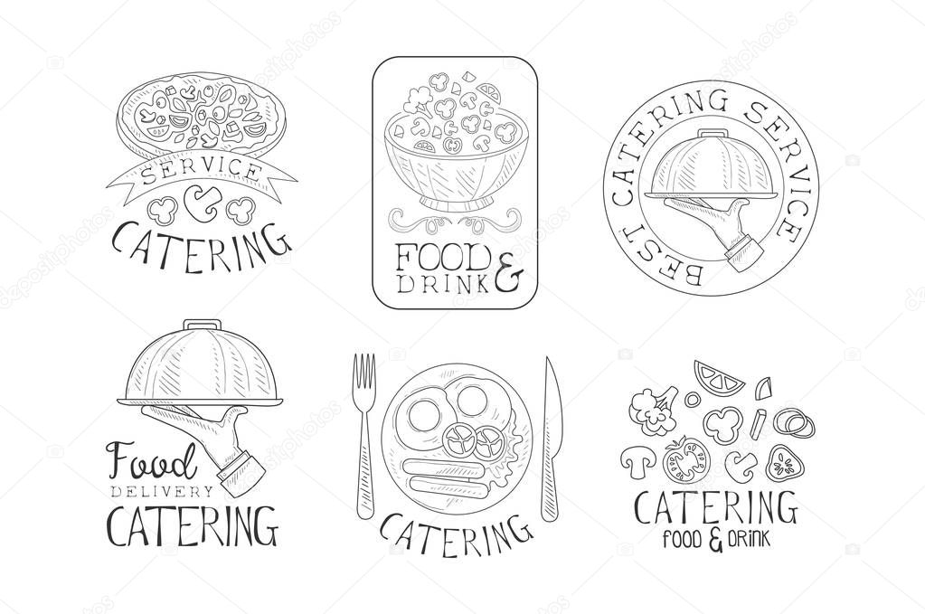 Hand drawn emblems for best catering services. Monochrome logo templates with tasty food, hands with trays and calligraphic text. Original design for promotional poster or flyer. Isolated vector signs