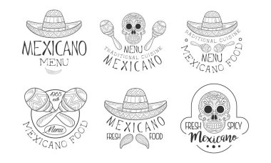 Meksika restoranı Amblemler elle çizilmiş vektör kümesi. Logo Şablonlar fötr şapka ve bıyık, kafatasları ve Marakas