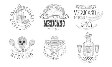 Restoranlar için orijinal vektör Meksika logolar. Tek renkli amblem geleneksel yiyecek ve içecek, marakas ve kafatası ile