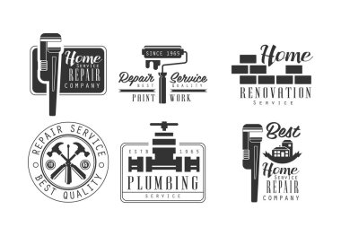 Sıhhi tesisat ve ev yenileme hizmetleri için siyah ve beyaz logo vektör kümesi. Ev onarım ve boya için tek renkli amblem şirket iş