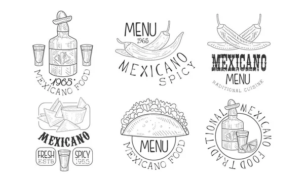 Set di loghi monocromatici relativi alla cucina messicana. Emblemi vettoriali disegnati a mano con peperoncino, snack tradizionali, tequila e lettering — Vettoriale Stock