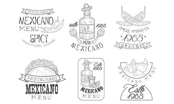 Vector set of original Mexican logo templates. Monochrome emblems with tequila bottles, chili peppers and traditional snacks — Stock Vector