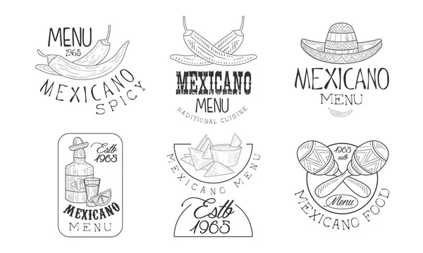 Vector uppsättning 6 skiss stil emblem för mexikansk restaurang. Ursprungliga logotyper med traditionell mat, tequila flaska, sombrero hatt och maracas — Stock vektor