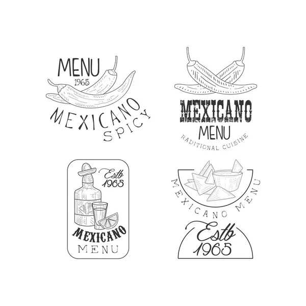 Vector set of 4 hand drawn logos for Mexican restaurant. Monochrome emblems with chili peppers, nachos and tequila bottle — Stock Vector