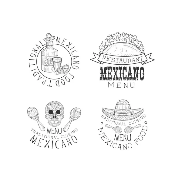 Set vectorial de 4 logotipos para restaurantes de cocina Mexicana. emblemas monocromáticos con botella de tequila, tacos, cráneo y sombrero con maracas — Vector de stock