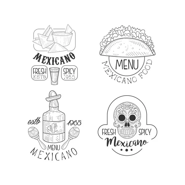 Conjunto de logos originales para restaurantes mexicanos. Bosquejo estilo emblemas vectoriales con comida tradicional, botella de tequila y cráneo — Vector de stock