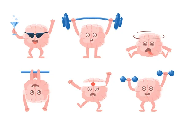 Conjunto vetorial plano de cérebros humanizados com braços e pernas em diferentes ações. Personagens engraçados de desenhos animados. Emoji para rede social —  Vetores de Stock