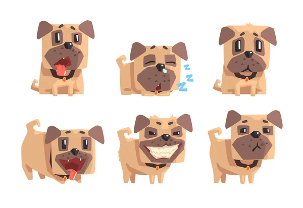 Плоский векторный набор мопсов с разными эмоциями. Смешной мультяшный персонаж. Домашняя собака. Эмодзи для социальной сети, печати футболок или открытки — стоковый вектор