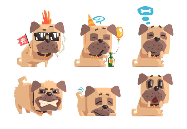 Conjunto de vector plano de divertido pug con diferentes emociones. Mascota. Animal doméstico de dibujos animados. Diseño para impresión, pegatina o tarjeta de felicitación — Archivo Imágenes Vectoriales