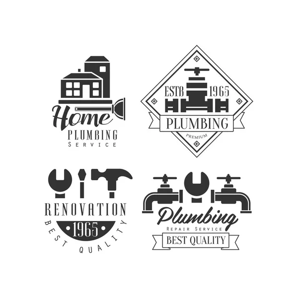 Emblemas vectoriales monocromáticos para fontanería y servicios de renovación del hogar. Logos con edificios, instrumentos de trabajo y grifos de agua — Archivo Imágenes Vectoriales