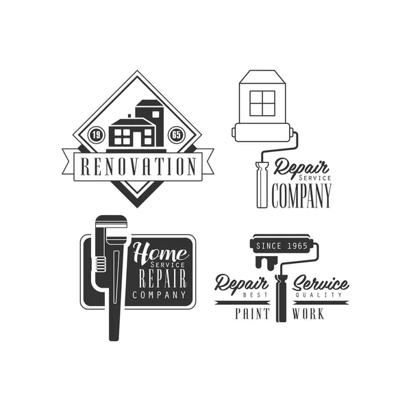 Logos en blanco y negro para servicios de fontanería y reparación. Casa símbolo de la empresa de renovación. emblemas vectoriales con edificios e instrumentos — Archivo Imágenes Vectoriales