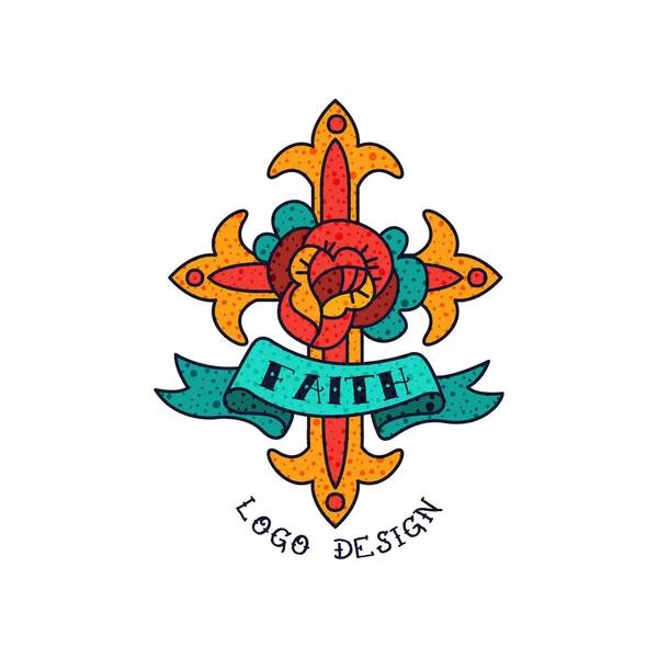 クロス、バラの花、リボン、信仰、古典的なアメリカの古い学校の入れ墨ロゴ デザイン ベクトル イラスト白い背景の上の単語 — ストックベクタ