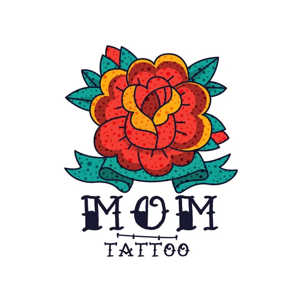 Roze bloem, lint en word mam, klassieke Amerikaanse old school tattoo vector illustratie op een witte achtergrond — Stockvector