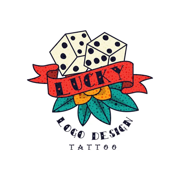 Würfel und Schleife mit Wort Glück, klassische amerikanische Old School Tattoo Logo Design Vektorillustration auf weißem Hintergrund — Stockvektor