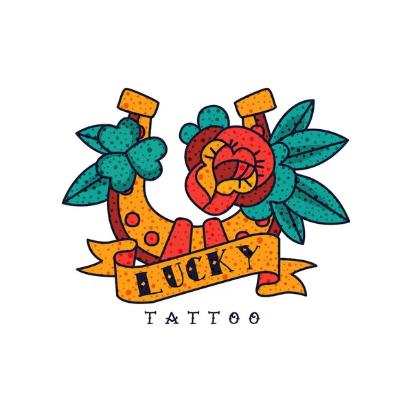 Подкова, цветок розы, ленточка и слово Lucky, классический вектор татуировки старой американской школы на белом фоне — стоковый вектор