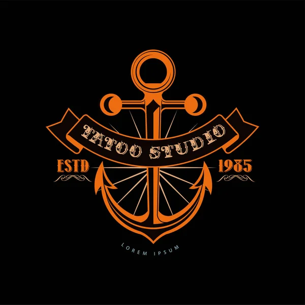 Tattoo studio logo design template estd 1983, retro styled emblem with anchor vector Illustration — Stock Vector