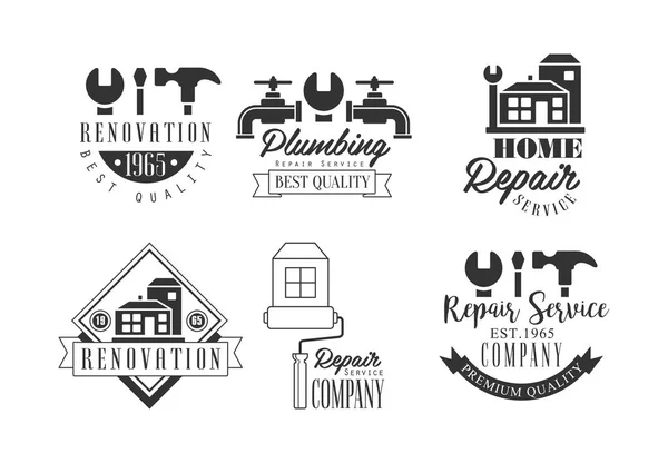 Logotipos monocromáticos para empresas de reparación. Servicios de fontanería y renovación de viviendas. emblemas vectoriales con herramientas de trabajo, edificios y texto — Archivo Imágenes Vectoriales