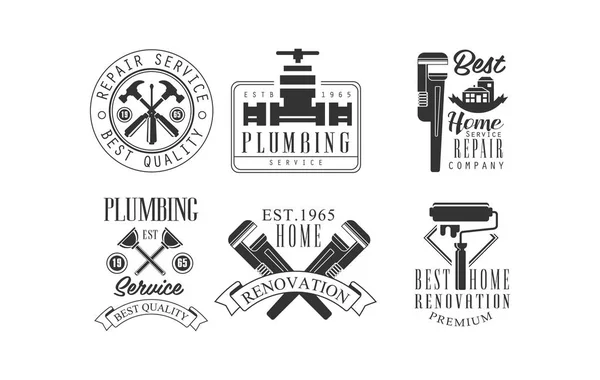 Conjunto de emblemas monocromáticos para servicios de fontanería y construcción. Logos vectoriales para empresas de renovación de viviendas — Archivo Imágenes Vectoriales