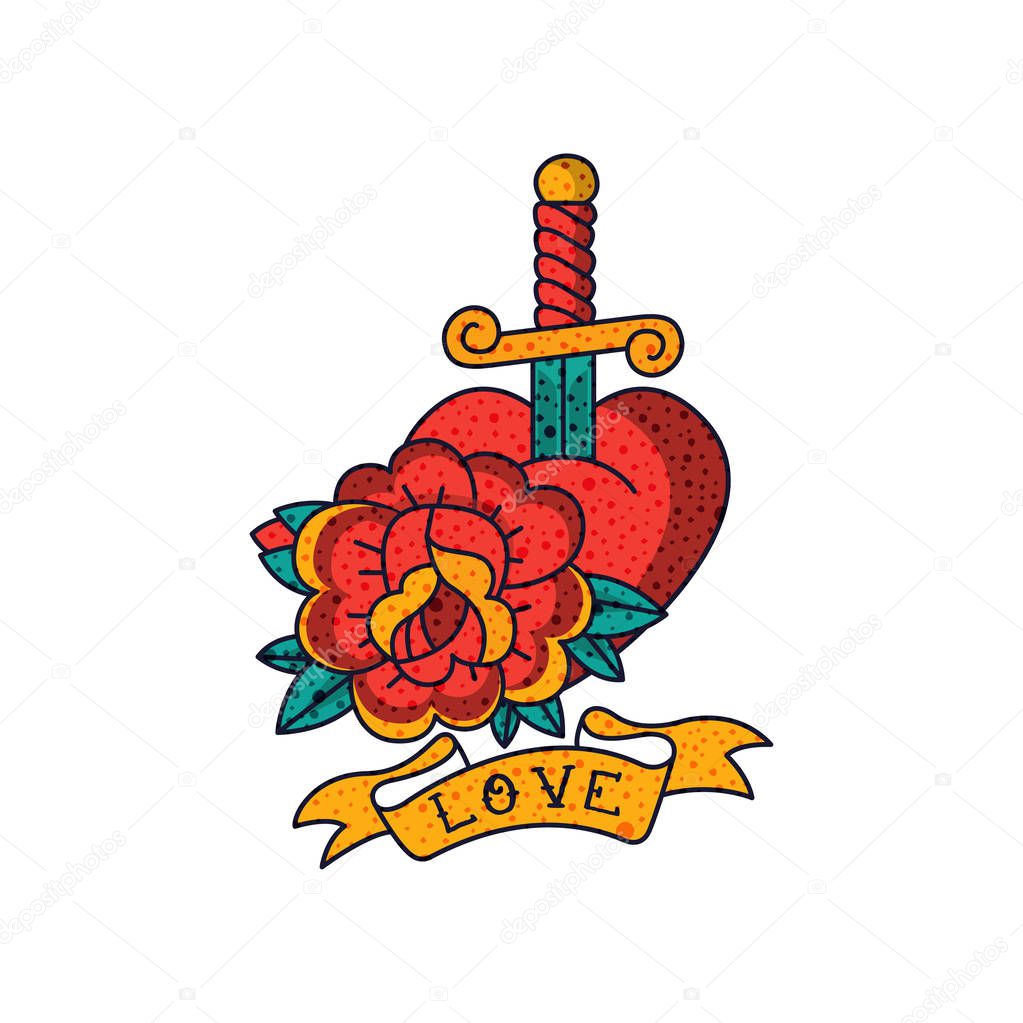 Rose flower, heart, dagger, ribbon and word Love, classic American old school tattoo vector Illustration on a white background