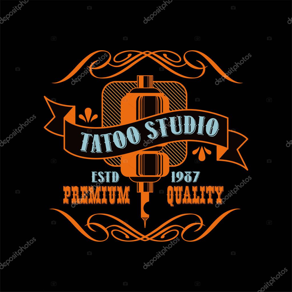 Tattoo studio logo design premium quality estd 1987, retro styled emblem with with professional equipment vector Illustration on a black background.