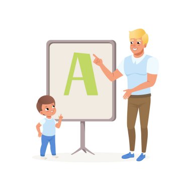Genç öğretmen ve A. çocuk öğrenme alfabesinde anaokulu, blackboard ile mektup yanında duran küçük çocuk. Düz vektör tasarımı