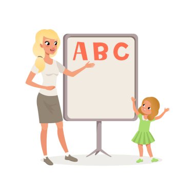 Mutlu kız ve Abc harfleri ile yazı tahtası yanında duran öğretmen. Çocuk öğrenme Alfabe. Anaokulu derste. Düz vektör tasarımı