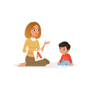 Onun küçük öğrenci için Flash Kart A harfi ile gösterilen öğretmen. Genç kadın ve okul öncesi çocuk. Anaokulu derste. Düz vektör tasarımı