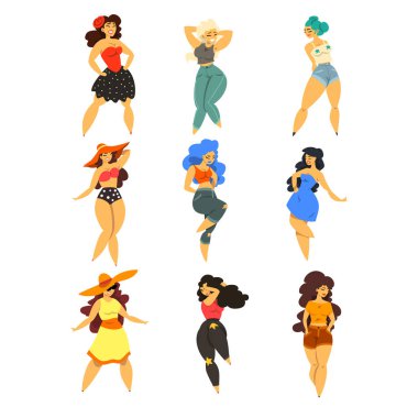 Güzel düzgün vücutlu, kilolu kızlar seti artı boyutu kadın moda giysiler, pinup modeli vektör çizimler