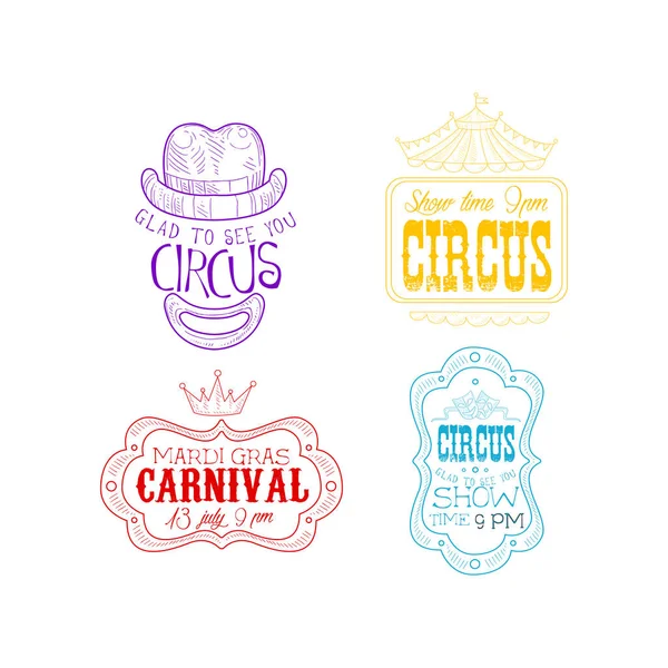 Vector set of sketch style emblems for circus and Mardi Gras carnival. Hand drawn signs in different colors. Original logo templates — Stock Vector