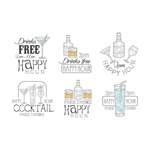 Vectoe kümesi kokteyl bar için özgün promosyon işaretler. Şişe ve gözlük içecekler ile logolar. Renkli dolgu ile kroki tarzı Amblemler