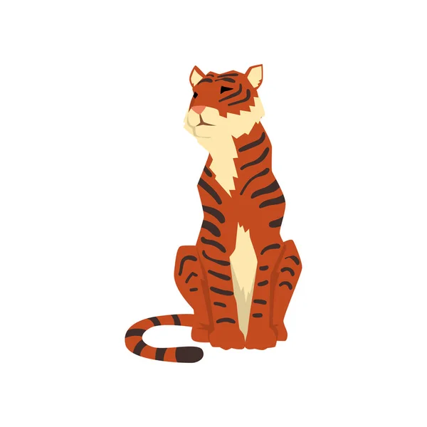 Krachtige tijger zittend, vooraanzicht, wilde kat, predator cartoon vector illustratie op een witte achtergrond — Stockvector