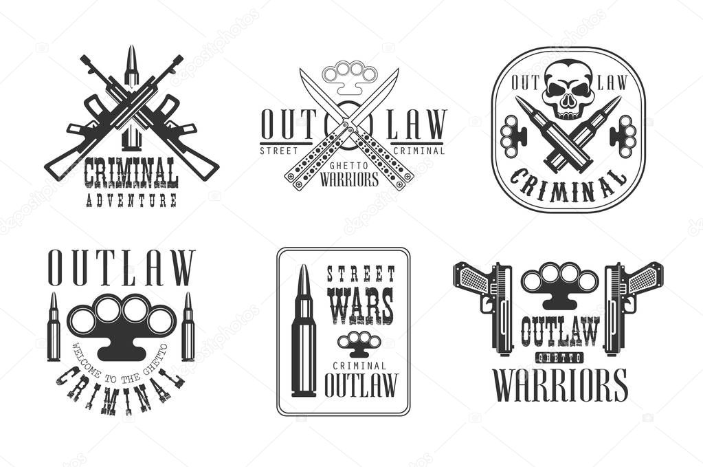 Set of black and white emblems related to ghetto theme. Street warriors. Outlaw life. Stylish labels with brass knuckles, weapon, bullets and skull. Monochrome vector illustrations isolated on white.