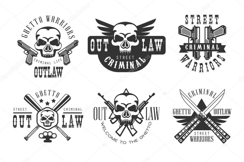 Set of original emblems related to criminal life. Stylish monochrome labels with skulls, guns, crossed baseball bats and butterfly knives. Street warriors. Vector design isolated on white background.