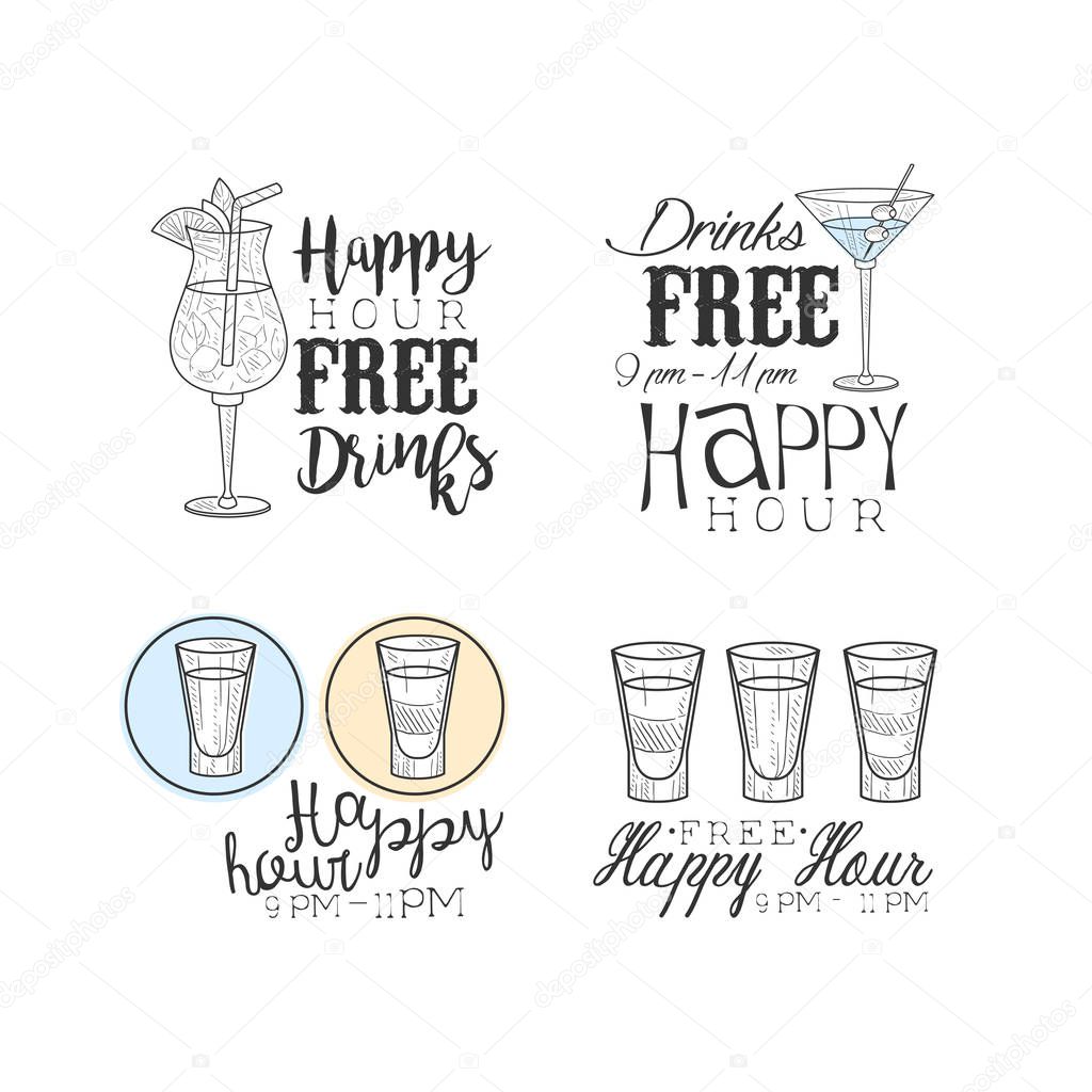 Hand drawn vector emblems for cocktail bar or cafe. Sketch style logos with alcoholic beverages. Design for advertising poster or banner