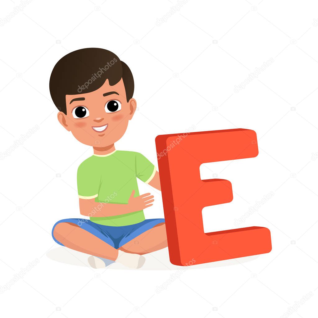 Cute boy sitting with crossed legs and holding big letter E. Cartoon character of little kid. Fun educational game. Flat vector design