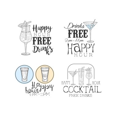 Vektör set in elle çizilmiş yükselme kokteyl bar veya restoran için imzalar. Alkollü içecekler ve kaligrafi metin ile orijinal logolar