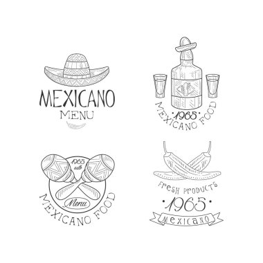 Robot resim tarzı Meksika restoranı Amblemler vektör kümesi. Fötr şapka, marakas, tekila şişesi ve pul biber ile yaratıcı logoları