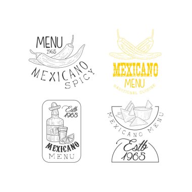Geleneksel Meksika Restoranları için yaratıcı Amblemler vektör kümesi. Pul biber, tekila ve soslu cips tek renkli logolar