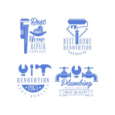 Sıhhi tesisat ve onarım hizmetleri için logoları vektör kümesi. Ev yenileme şirketler için tek renkli amblem