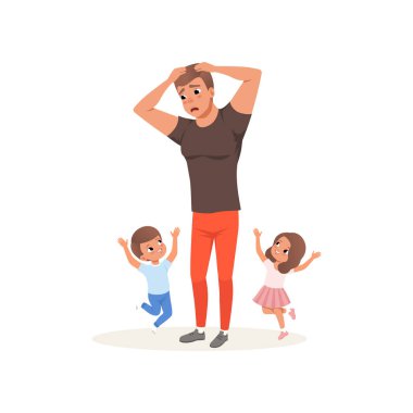 Yorgun baba ve oynamak isteyen çocukları, anne-babalık stres kavramı, çocuklar ve ebeveynler arasındaki ilişki illüstrasyon beyaz bir arka plan üzerinde vektör