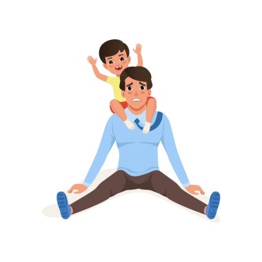 Yorgun baba katta oturan küçük oğlu oturan onun omuz, ebeveynlik stres kavramı, çocuklar ve ebeveynler vektör çizim üzerinde beyaz bir arka plan arasındaki ilişki üzerinde gülümseyen