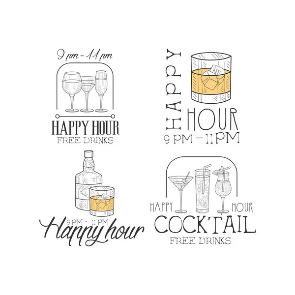 Ensemble vectoriel de 4 logos originaux de style croquis pour bar à cocktails ou restaurant. Emblèmes dessinés à la main avec différentes boissons alcoolisées — Image vectorielle