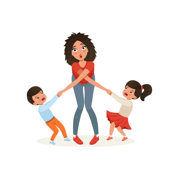 疲倦的母亲与她任性的孩子, 养育压力, 孩子和父母的关系在白色背景上的概念向量插图 — 图库矢量图片