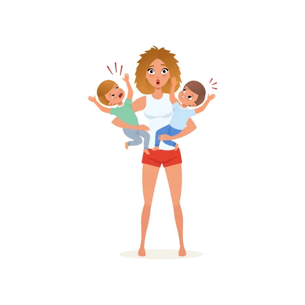 Cansada mãe e seus filhos chorando, conceito de estresse parental, relação entre filhos e pais vetor ilustração em um fundo branco —  Vetores de Stock