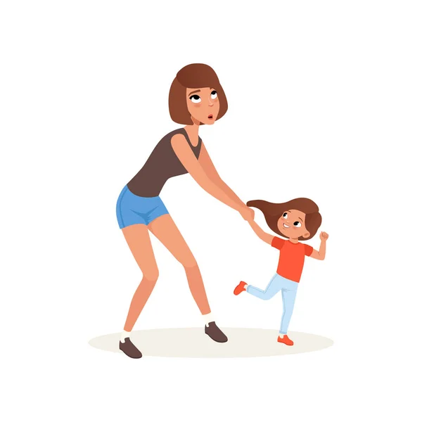 Madre cansada y su hija que quiere jugar, concepto de estrés parental, relación entre niños y padres vector Ilustración sobre un fondo blanco — Vector de stock