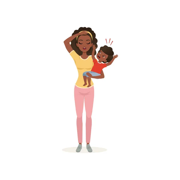 Madre cansada sosteniendo a un bebé recién nacido llorando, concepto de estrés parental, relación entre los niños y los padres vector Ilustración sobre un fondo blanco — Vector de stock