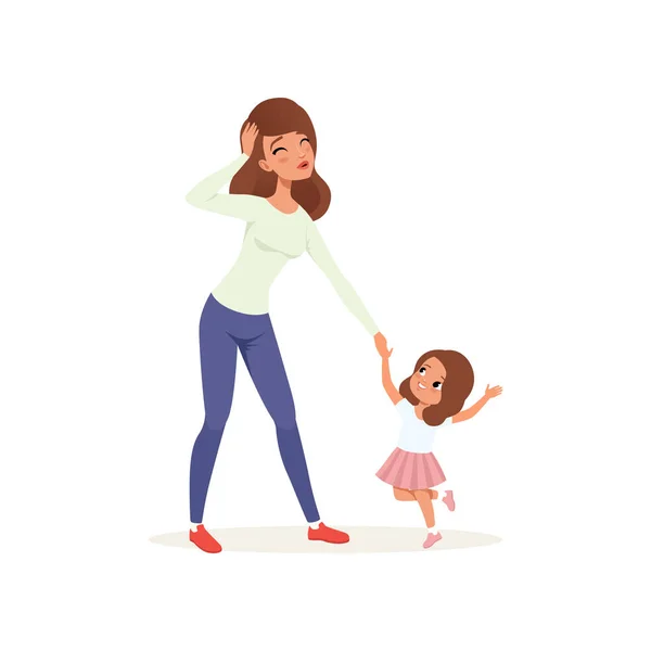 Madre cansada sosteniendo de la mano a su hija traviesa, concepto de estrés parental, relación entre los niños y los padres vector Ilustración sobre un fondo blanco — Vector de stock