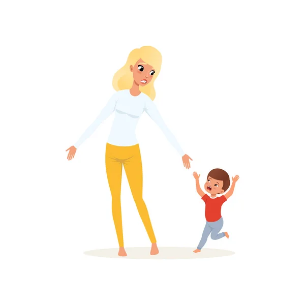 Moe moeder en haar schreeuwende zoontje, stress concept, relatie tussen kinderen en ouders Ouderschap vector illustratie op een witte achtergrond — Stockvector