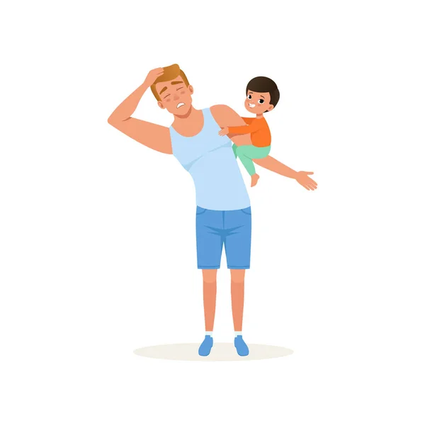 Cansado pai e seu filho safado, conceito de estresse parental, relação entre filhos e pais vetor Ilustração em um fundo branco —  Vetores de Stock