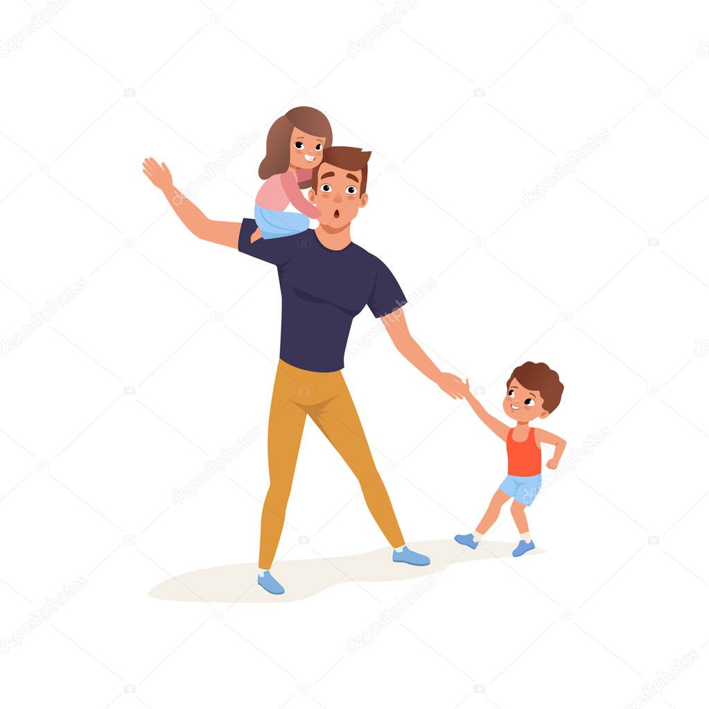 Tired father with his son and daughter who wants to play, parenting stress concept, relationship between children and parents vector Illustration on a white background